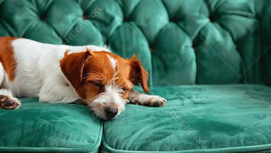 Video A brown and white dog lying on a green couch, suitable for pet-related or home decor