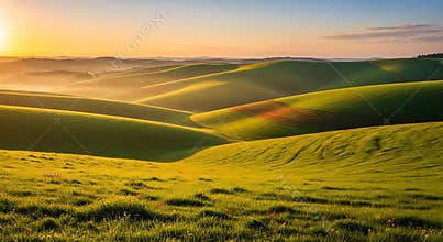Rolling green hills bathed in golden sunrise light with distant mist landscape grass