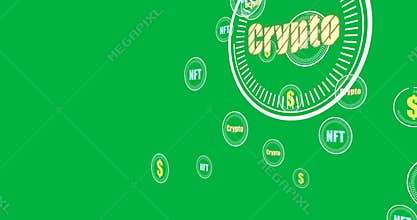Animation of crypto, nft and dollar coin symbols moving over transparent background