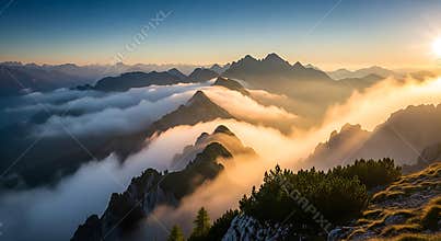 Mountain range peaks shrouded in golden morning fog and sunlight mist