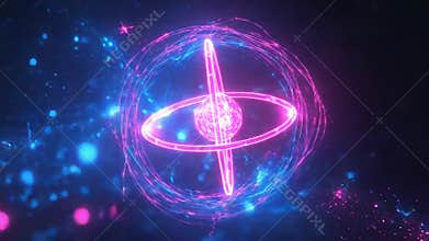 Abstract glowing neon atom model representing energy