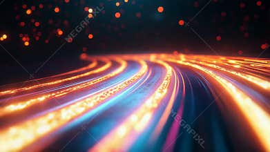 Digital data flowing along glowing light trails