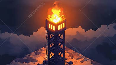 Isometric beacon tower burning fire at night