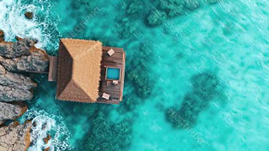 Private overwater bungalow surrounded by clear turquoise waters in a tropical paradise