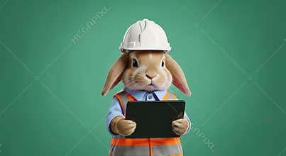 Cute Bunny Engineer with Hard Hat and Tablet on Green Background