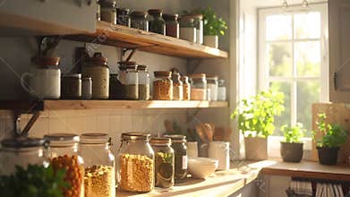 Open pantry shelves with jars and kitchen utensils in sunlight