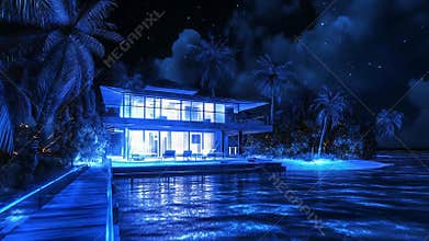 Luxurious overwater bungalow shining under starry night sky in tropical paradise