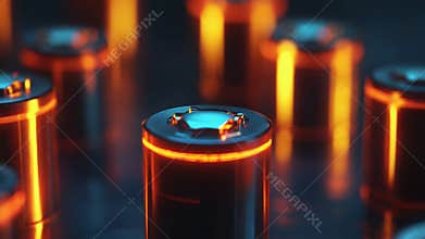 Futuristic batteries glowing with orange light in dark environment