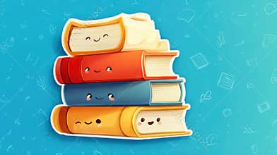 Four Colorful, Smiling Books Stacked Together on a Bright Blue Background Showcasing a Cheerful and Playful Design