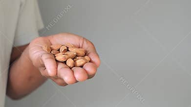 Hand holding fresh almonds in natural light