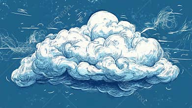 White cumulus cloud floating in blue sky, hand drawn illustration