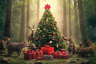 Magic of Christmas in a forest surrounded by joyful animals and gifts