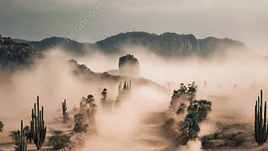 Ethereal Desert Mist Drifts Through Cacti and Canyons at Dawn