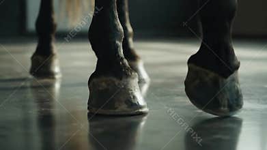 Close Up of Dark Brown Horse Hooves Walking on Shiny Gray Surface Indoors in Natural Light and Reflective Flooring a Symbol of