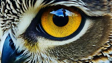 Close Look at the Golden Eye of an Owl, Sharp Feathers Visible