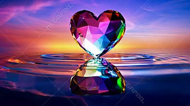 Crystal Heart Reflecting Sunset Sky on Water Surface Creating Ripples