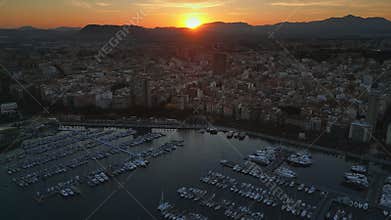 Aerial drone view of the Port of Alicante and the buildings