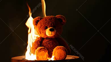 Teddy Bear on Fire in a Dark Room Sitting on a Wooden Platform