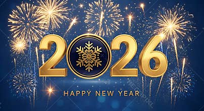 Happy New Year 2026 Golden Numbers Festive Background With Realistic Fireworks Explosion Blue Night Sky Luxury Greeting Card