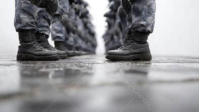Law enforcement officers in riot gear guarding immigration protest, uniformed boots reflecting on wet pavement