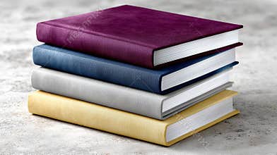 Colorful stack of four books resting on a flat surface in a soft light