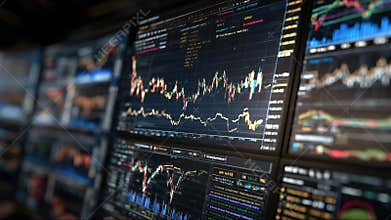 Dynamic stock market statistics displayed on multiple TV screens