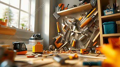 Tools flying around workshop in zero gravity