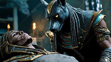 A statue of anubis and a man laying on a rock