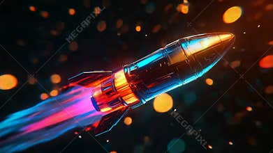 Rocket launching into space with colorful trail of fire