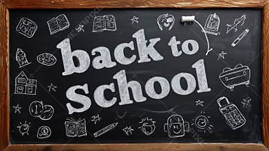 A Chalkboard Displays Back to School in Large Letters Surrounded by Fun Illustrations