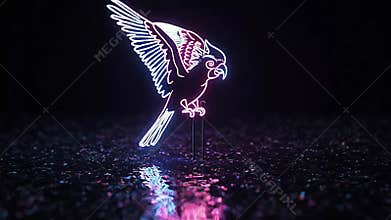 Neon Cockatoo shines in the dark on shiny floor