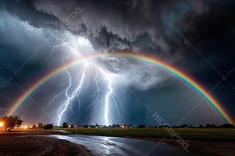 Lightning Strikes and Rainbow Over Rural Landscape