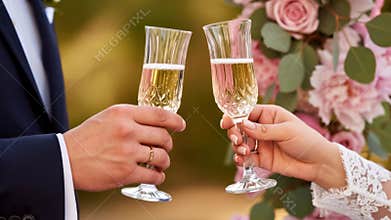 Close-up of bride and groom toasting with champagne in crystal glasses, wearing wedding rings