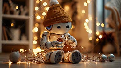 Cute Winter Robot Playing with Holiday Lights