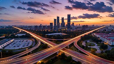 Golden Hour Cityscape: Dynamic Bridges and Skyline at Sunset