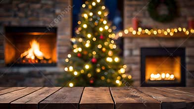 Cozy Christmas Marketing Background: Wooden Table with Fireplace & Tree