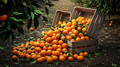 Abundant Orange Harvest Overflowing From Wooden Crates in a Sunlit Grove