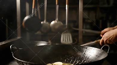Close Up Of Chef Stir Frying Food In Large Wok In Restaurant Kitchen With Hanging Utensils Over Stainless Steel Counter Under