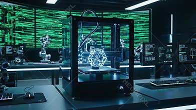 Advanced 3D Printer Operating in Futuristic Technology Laboratory with Matrix Code Background and Robotic Arms