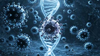 Molecular Visualization of Viruses with Dna Double Helix in Blue Tones Microscopic Viral Structures and Genetic Code for Medical