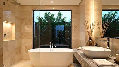 Modern Minimalist Bathroom Interior Design with Freestanding Bathtub Under Window with Marble Countertop and Neutral Stone Tiles