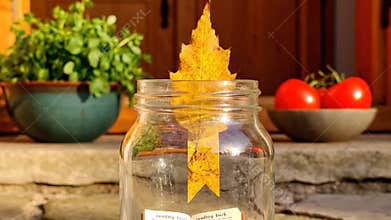 Yellow Autumn Leaf In A Clear Glass Jar With Tomatoes And Greenery In The Background On A Sunny Day