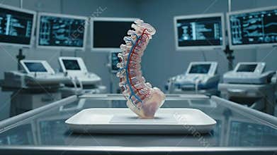 Realistic Human Spine Model Displayed in Advanced Medical Laboratory with Monitors Showing Vital Signs and Scientific Equipment on
