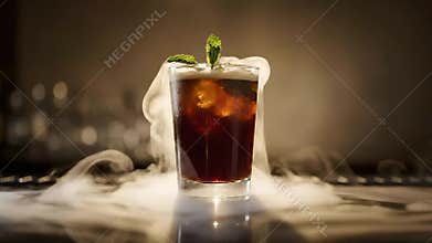 Refreshing Dark Cocktail with Ice Cubes and Mint Garnish Surrounded by Smoky Vapor on a Reflective Bar Top under Warm Spot