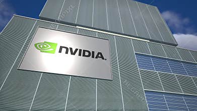 Nvidia semiconductor and AI computing center sign, illustrative editorial 3d rendering