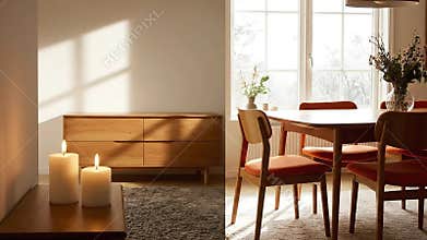 Dining Room and Living Room Interior With Brown Wooden Table And Chairs With Orange Cushions plus Light Brown Wooden Cabinet Near