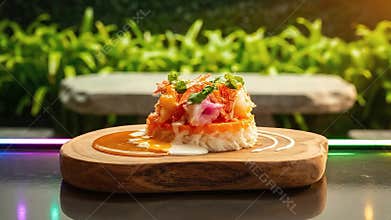 Gourmet Dish with Rice and Seafood on Wood with Sauce Drizzle in Garden Setting Fresh Ingredients Presentation Culinary Artistry
