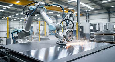 Robotic Arm Grinding Metal Sheet in Modern Factory