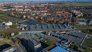 cityscape Berlin time lapse Cross train station. Great aerial view flight drone