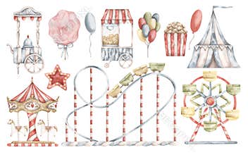 Watercolor hand-drawn clip art with amusement park - merry go round, ferris wheel, circus, roller coaster,